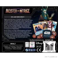 R&uuml;ckseite der Verpackung mit Beschreibung und Inhaltsangabe der Meister der Intrige Prerelease-Box.