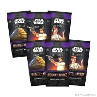 Sechs Boosterpacks aus Meister der Intrige mit verschiedenen Covermotiven (Han, Leia, Jabba).