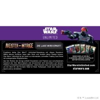 R&uuml;ckseite des Displays Meister der Intrige mit Beschreibung, Charakterartwork und Kartenbeispielen.