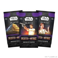 Drei Boosterpacks aus dem Set Meister der Intrige mit den Motiven Leia, Han und Jabba.