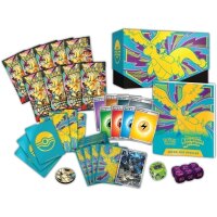 Kompletter Inhalt der Top-Trainer-Box &bdquo;Erhabene Helden&ldquo; mit Boostern, Sleeves, W&uuml;rfeln und Zekrom-Promo.