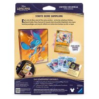 R&uuml;ckseite des Disney Lorcana Stitch Starterset &ndash; Beschreibung des Inhalts, Promokarte und Boosterpacks Winterzauber.