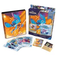 Inhalt des Disney Lorcana Stitch Starterset &ndash; Sammelalbum, Booster Packs Winterzauber, Stitch Promokarte.