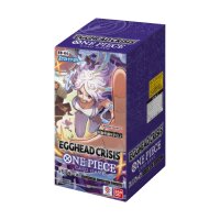 Frontansicht des One Piece Card Game EB-04 &bdquo;Egghead Crisis&ldquo; Displays mit Luffy in Gear 5 Artwork auf violettem Hintergrund.
