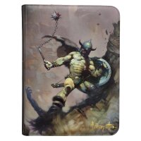 Dreiviertelansicht des Ultra PRO Portfolios mit Frazetta Artwork, Fokus auf die Illustration des k&auml;mpfenden Kriegers.