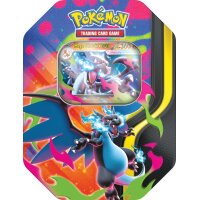 Vorderseite der Pok&eacute;mon Mega-Entwicklung Tin-Box mit Mega-Glurak X, farbenfrohem Hintergrund und sichtbarer Mega-Glurak-X-ex-Promokarte im Fenster.