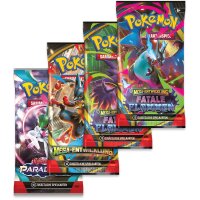 Vier Boosterpacks der Pok&eacute;mon Mega-Entwicklung-Serie, darunter Fatale Flammen und Karmesin &amp; Purpur Paradies, im f&auml;cherf&ouml;rmigen Layout.