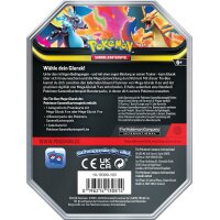 R&uuml;ckseite der Pok&eacute;mon Mega-Glurak-X-Tin-Box mit Produktbeschreibung, Inhaltsangaben, Logos und Herstellerinformationen.