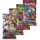 Vier Boosterpacks der Pokémon Mega-Entwicklung-Serie, darunter Fatale Flammen und Karmesin & Purpur Paradies, im fächerförmigen Layout.