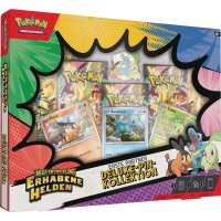 Pok&eacute;mon TCG Mega-Entwicklung: Erhabene Helden &ndash; Erste Partner Deluxe-Pin-Kollektion, Frontansicht mit Promokarten, Pin und Boostern