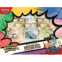 Pok&eacute;mon TCG Erste Partner Deluxe-Pin-Kollektion Erhabene Helden, Detailansicht der enthaltenen Promokarten Floink, Karnimani und Endivie
