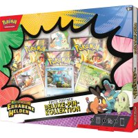 Pok&eacute;mon TCG Mega-Entwicklung: Erhabene Helden Erste Partner Deluxe-Pin-Kollektion, schr&auml;ge Verpackungsansicht mit Boosterpacks und Pin