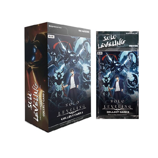 Solo Leveling Collect Cards 3 – Produktfoto mit Display-Box und einzelner Booster-Packung vor weißem Hintergrund.