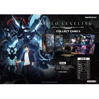 Solo Leveling Collect Cards 3 &ndash; Werbegrafik mit Sung Jinwoo, Schattenwesen, Produktabbildungen, Kartenbeispielen sowie &bdquo;Spec/Line Up&ldquo;-&Uuml;bersicht.