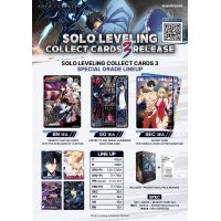 Solo Leveling Collect Cards 3 Release &ndash; Infoposter &bdquo;Special Grade Lineup&ldquo; mit QR-Code, Kartenbeispielen und Tabelle der Seltenheiten/Anzahlen.