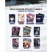 Solo Leveling Collect Cards 3 &ndash; Infografik &bdquo;Lineup by Grade&ldquo; mit Beispielkarten (C, R, SR, UR, HR, PM, BN, SEC, SG) und Mengen&uuml;bersicht.