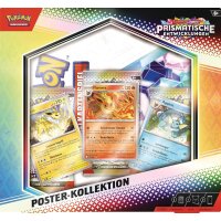 Frontansicht der Pok&eacute;mon Karmesin &amp; Purpur &bdquo;Prismatische Entwicklungen&ldquo; Poster-Kollektion mit den Promokarten Flamara, Aquana und Blitza.