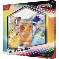 Schr&auml;gansicht der Pok&eacute;mon Karmesin &amp; Purpur &bdquo;Prismatische Entwicklungen&ldquo; Poster-Kollektion mit drei Promokarten und Boosterpacks.