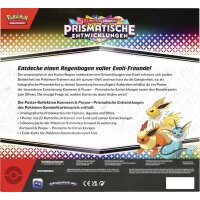 R&uuml;ckseite der Verpackung der Pok&eacute;mon Karmesin &amp; Purpur &bdquo;Prismatische Entwicklungen&ldquo; Poster-Kollektion mit Produktbeschreibung und Inhalt.