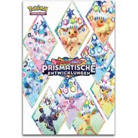 Coverdesign des Posters aus der Pok&eacute;mon Karmesin &amp; Purpur &bdquo;Prismatische Entwicklungen&ldquo; Poster-Kollektion mit Evoli und allen Entwicklungen im kristallinen Stil.