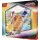 Schrägansicht der Pokémon Karmesin & Purpur „Prismatische Entwicklungen“ Poster-Kollektion mit drei Promokarten und Boosterpacks.