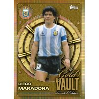 Diego Maradona &bdquo;Gold Vault Limited Edition&ldquo;-Karte im klassischen Argentinien-Trikot vor goldenem Hintergrund.