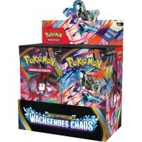Pok&eacute;mon TCG Mega-Entwicklung &bdquo;Wachsendes Chaos&ldquo; Booster-Display, schr&auml;g von vorn mit vielen Boostern im Tray