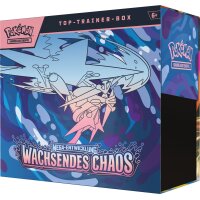 Pok&eacute;mon Top-Trainer-Box &bdquo;Mega-Entwicklung &ndash; Wachsendes Chaos&ldquo; &ndash; schr&auml;g von rechts, mit seitlichem Logo und Design-Details
