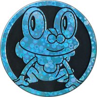 Pok&eacute;mon-M&uuml;nze mit Froxy (Froakie) &ndash; blaues Holo-Design auf schwarzem Hintergrund