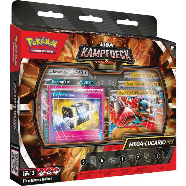 Pokémon Sammelkartenspiel Liga-Kampfdeck Mega-Lucario-ex (Deutsch), Verpackung schräg von vorn mit Sichtfenster und Karten-Motiven