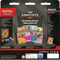 Pok&eacute;mon Sammelkartenspiel Liga-Kampfdeck Mega-Lucario-ex (Deutsch), R&uuml;ckseite der Verpackung mit Deckliste und Inhalt