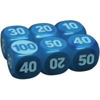 Schadensmarken-W&uuml;rfel (blau, verschiedene Werte) aus dem Liga-Kampfdeck Mega-Lucario-ex, Detailansicht