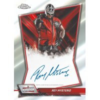 Signierte Beispielkarte der Topps Chrome WWE 2026 Trading Cards mit Rey Mysterio im RAW-Design.