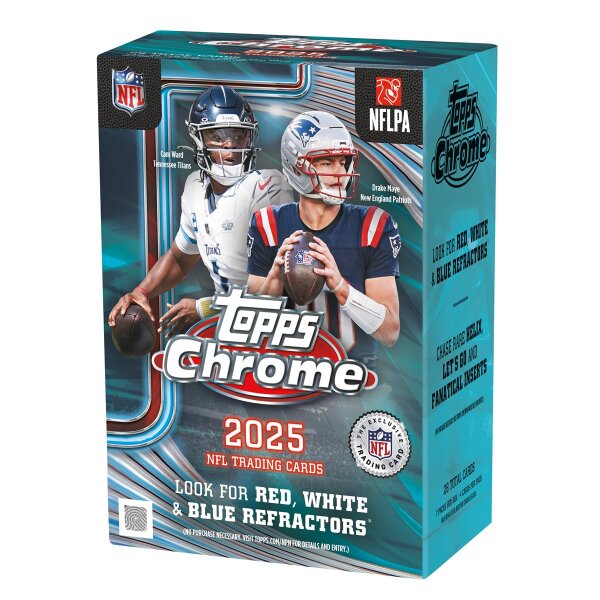 Verschlossene Topps Chrome NFL 2025 Box mit Cam Ward und...