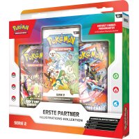 Schr&auml;gansicht der Pok&eacute;mon Erste Partner Illustrations-Kollektion Serie 2 mit drei Promokarten und Boostern.