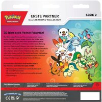 R&uuml;ckseite der Pok&eacute;mon Erste Partner Illustrations-Kollektion Serie 2 mit Inhalt und Starter-Pok&eacute;mon-Motiven.