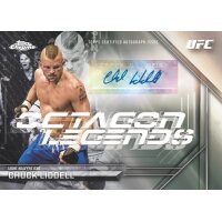 Topps Chrome UFC Scene Legends Autogrammkarte im silbernen Retro-Design mit k&auml;mpfendem Athleten.