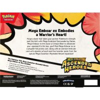 R&uuml;ckseite der Pok&eacute;mon Mega Evolution Ascended Heroes Mega Emboar ex Box mit Inhalt und Produkttext.