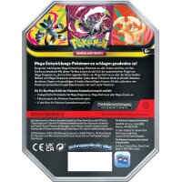 R&uuml;ckseite der Pok&eacute;mon Mega-Kr&auml;fte Tin mit Inhalt und Herstellerinformationen