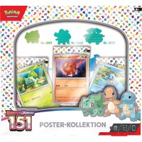 Vorderansicht der Pok&eacute;mon 151 Poster-Kollektion mit drei Promokarten und drei Boosterpacks