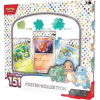 Schr&auml;ge Ansicht der Pok&eacute;mon 151 Poster-Kollektion mit Bisasam, Glumanda, Schiggy und Boostern