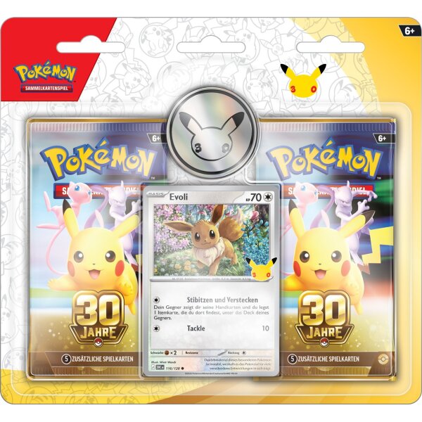 Pokémon 30 Jahre 2-Pack-Blister-Display mit Evoli auf Deutsch in schräger Frontansicht