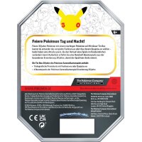 R&uuml;ckseite der Pok&eacute;mon 30 Jahre Tin-Box mit Inhalt und deutschen Produktinformationen