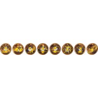 Acht runde Jolteon Badge-Motive aus dem Pok&eacute;mon Terastal Gathering Sammelset.
