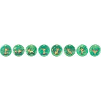 Acht runde Leafeon Badge-Motive aus dem Pok&eacute;mon Terastal Gathering Sammelset.