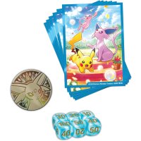 Kartenh&uuml;llen, Psiana-M&uuml;nze und Schadensmarken-W&uuml;rfel der Pok&eacute;mon 30 Jahre Ultra-Premium-Kollektion