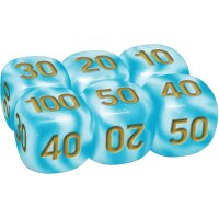 Sechs blaue Schadensmarken-W&uuml;rfel mit goldenen Zahlen aus der Pok&eacute;mon 30 Jahre Ultra-Premium-Kollektion