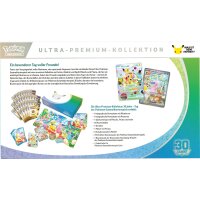 R&uuml;ckseite der Pok&eacute;mon 30 Jahre Ultra-Premium-Kollektion mit Produktbeschreibung und Inhalts&uuml;bersicht