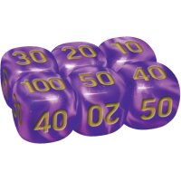 Sechs lila Schadensmarken-W&uuml;rfel mit goldenen Zahlen aus der Pok&eacute;mon 30 Jahre Ultra-Premium-Kollektion