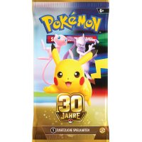Pok&eacute;mon 30 Jahre Boosterpack mit Pikachu, Mew und Mewtu auf goldfarbenem Design